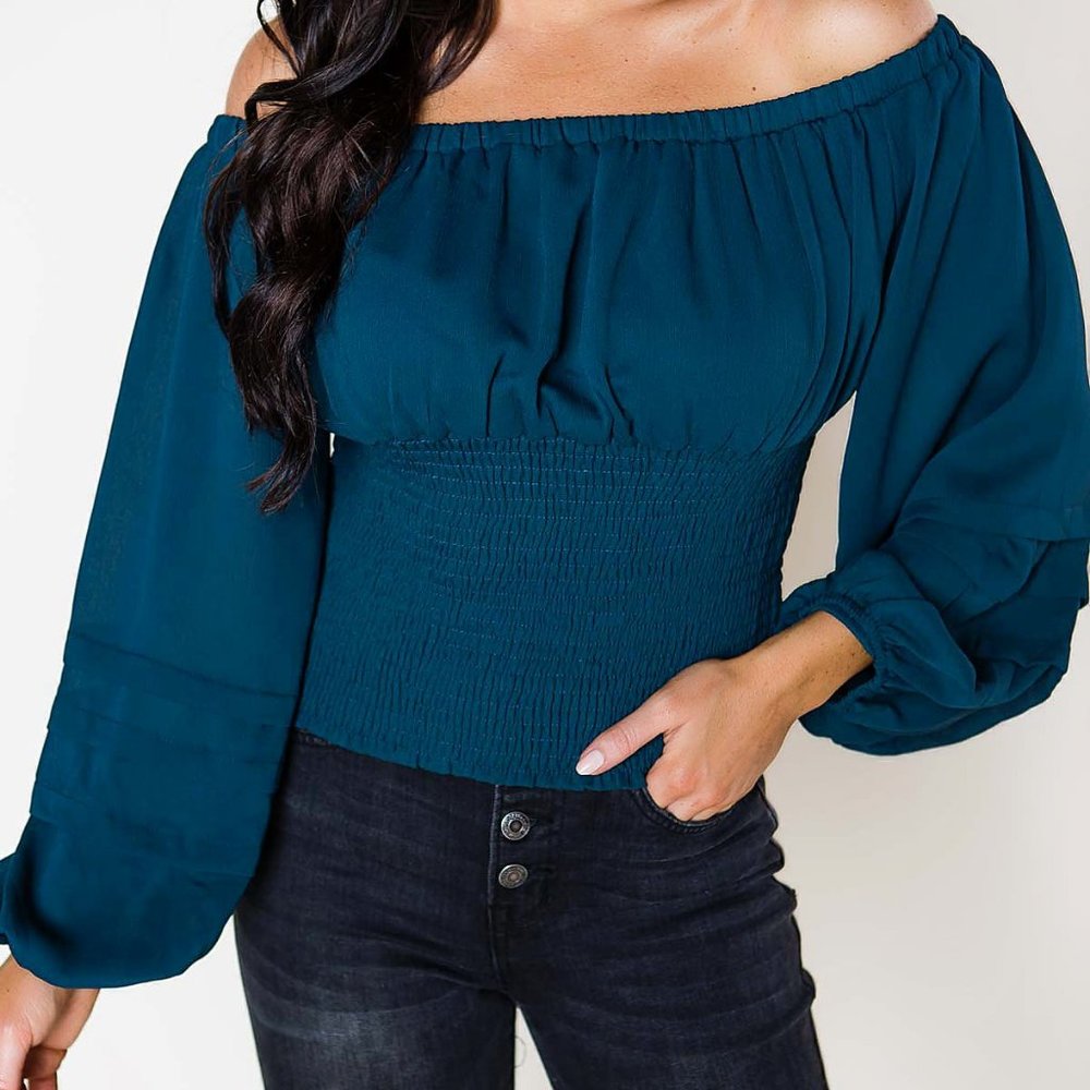 TEAL SMOCKED OFF THE SHOULDER TOP
